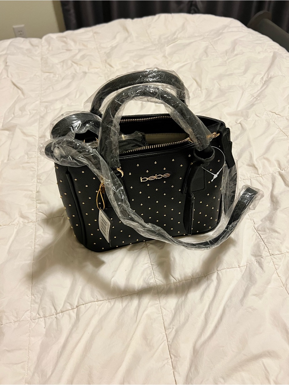 bebe Black Studded Top-Handle Satchel with Gold Hardware - Picture 2 of 10